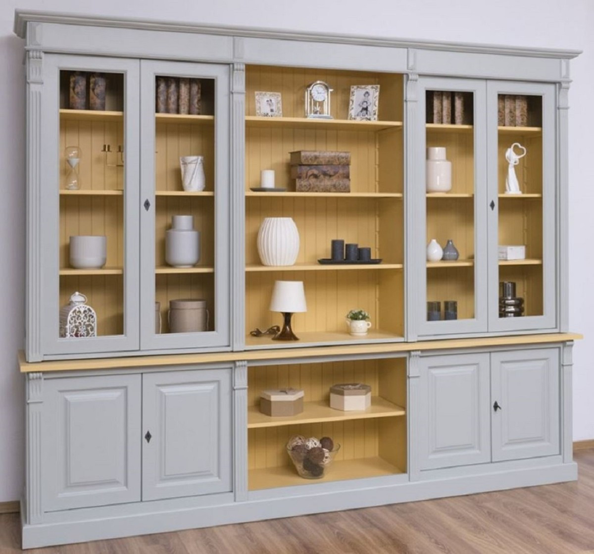 Casa Padrino Landhausstil Wohnzimmerschrank Grau / Gelb 286 X 51 X H. 228  Cm - Massivholz Schrank - Bücherschrank - Regalschrank - Landhausstil Möbel for Wohnzimmerschrank Landhausstil Casa Padrino Landhausstil Wohnzimmerschrank Grau / Gelb 286 X 51 X H. 228  Cm - Massivholz Schrank - Bücherschrank - Regalschrank - Landhausstil Möbel for Wohnzimmerschrank Landhausstil