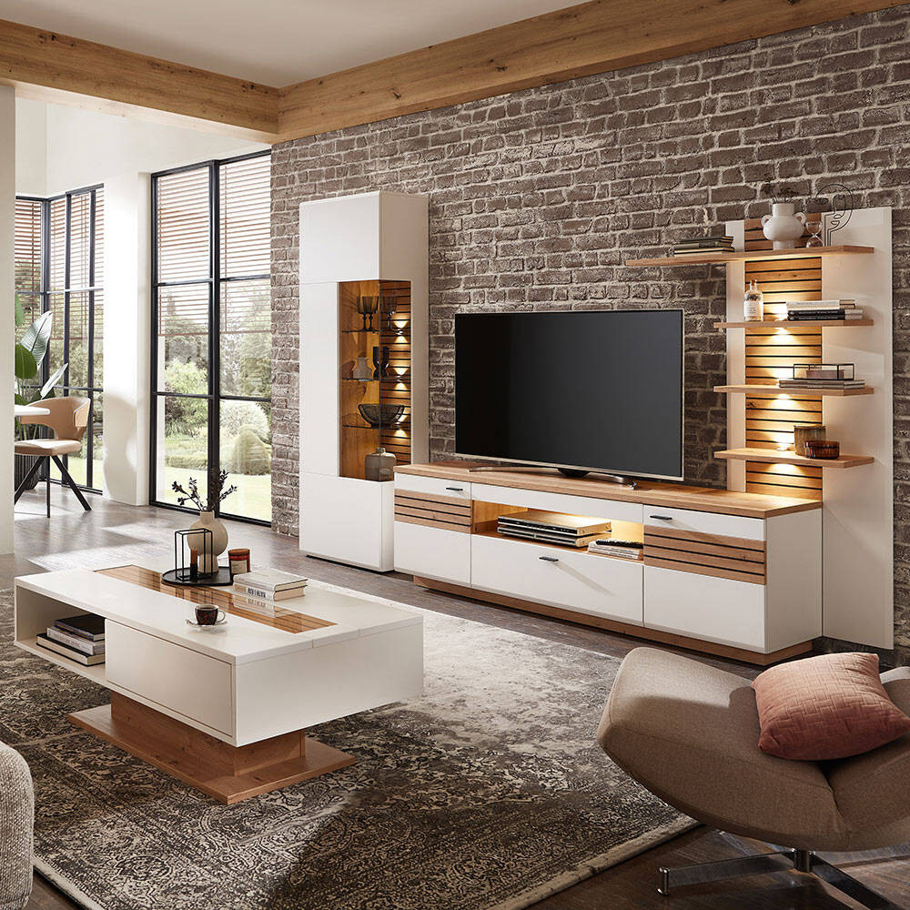 Wohnwand 4-Teilig Eiche Weiß Mit Beleuchtung Modern Fallon regarding Wohnwand Eiche Weiß Wohnwand 4-Teilig Eiche Weiß Mit Beleuchtung Modern Fallon regarding Wohnwand Eiche Weiß