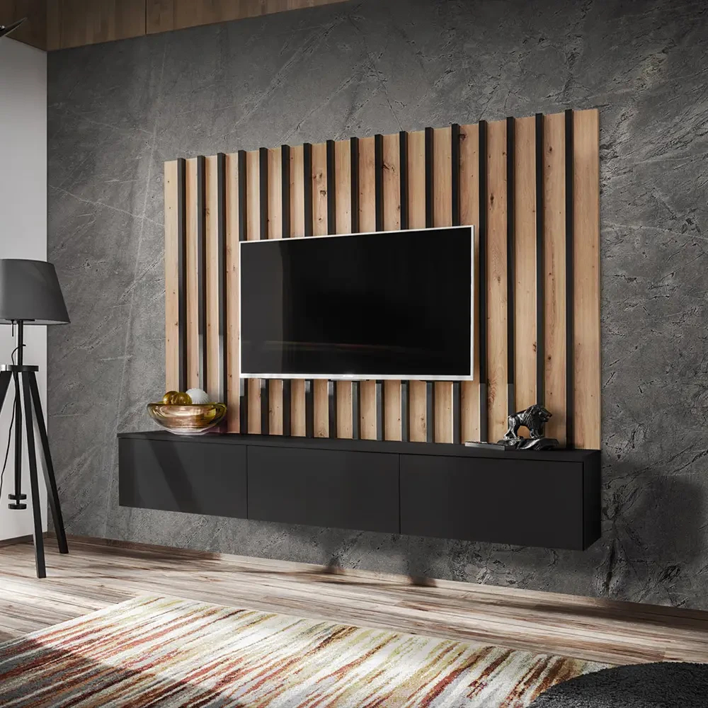 Lomadox Wohnwand 180Cm, Schwarz Mit Eiche, Venosa-164 Online inside Wohnwand Schwarz Holz